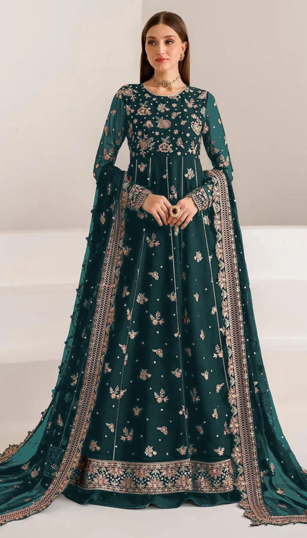 Anaita Teal Green Faux Georgette Sequins Embroidered Salwar Suit - Distacart