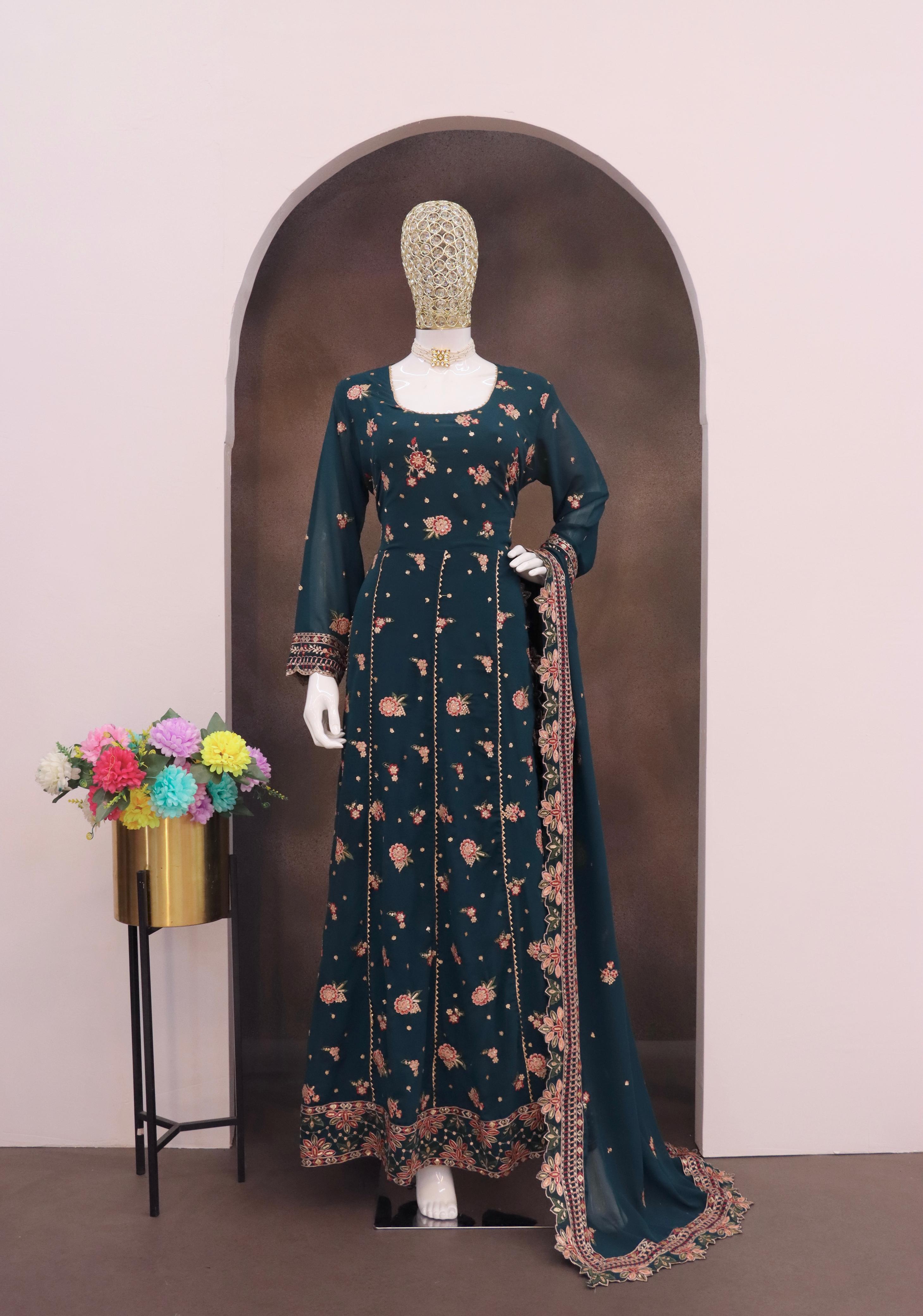 Anaita Teal Green Faux Georgette Sequins Embroidered Salwar Suit - Distacart