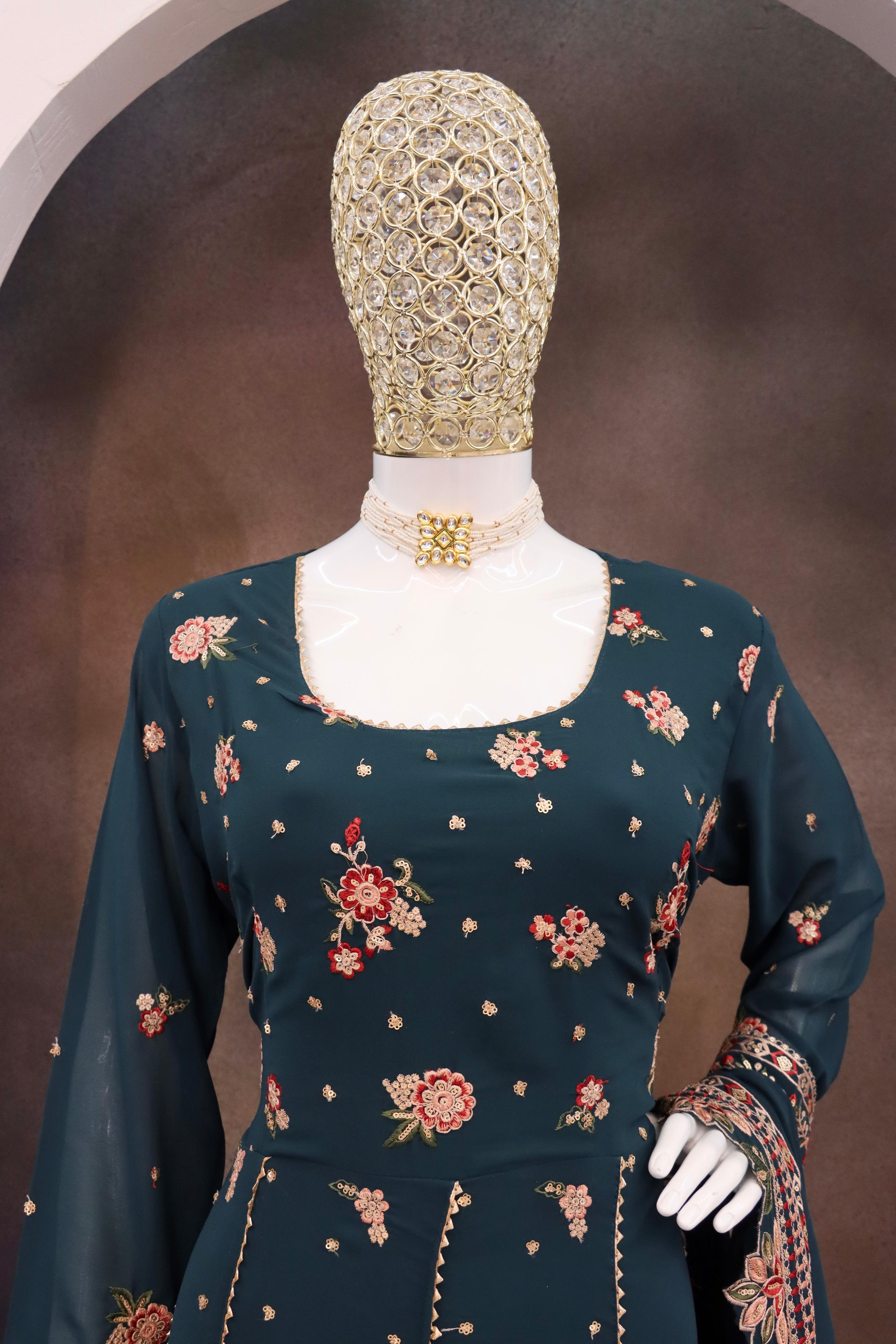 Anaita Teal Green Faux Georgette Sequins Embroidered Salwar Suit - Distacart