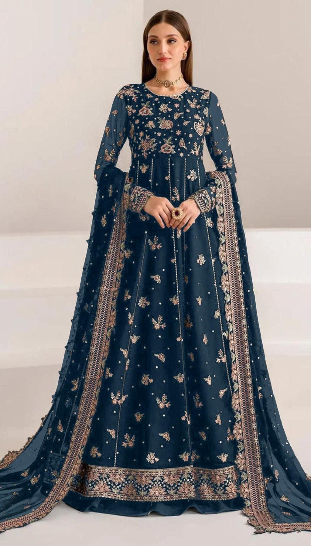 Anaita Navy Blue Faux Georgette Sequins Embroidered Salwar Suit - Distacart