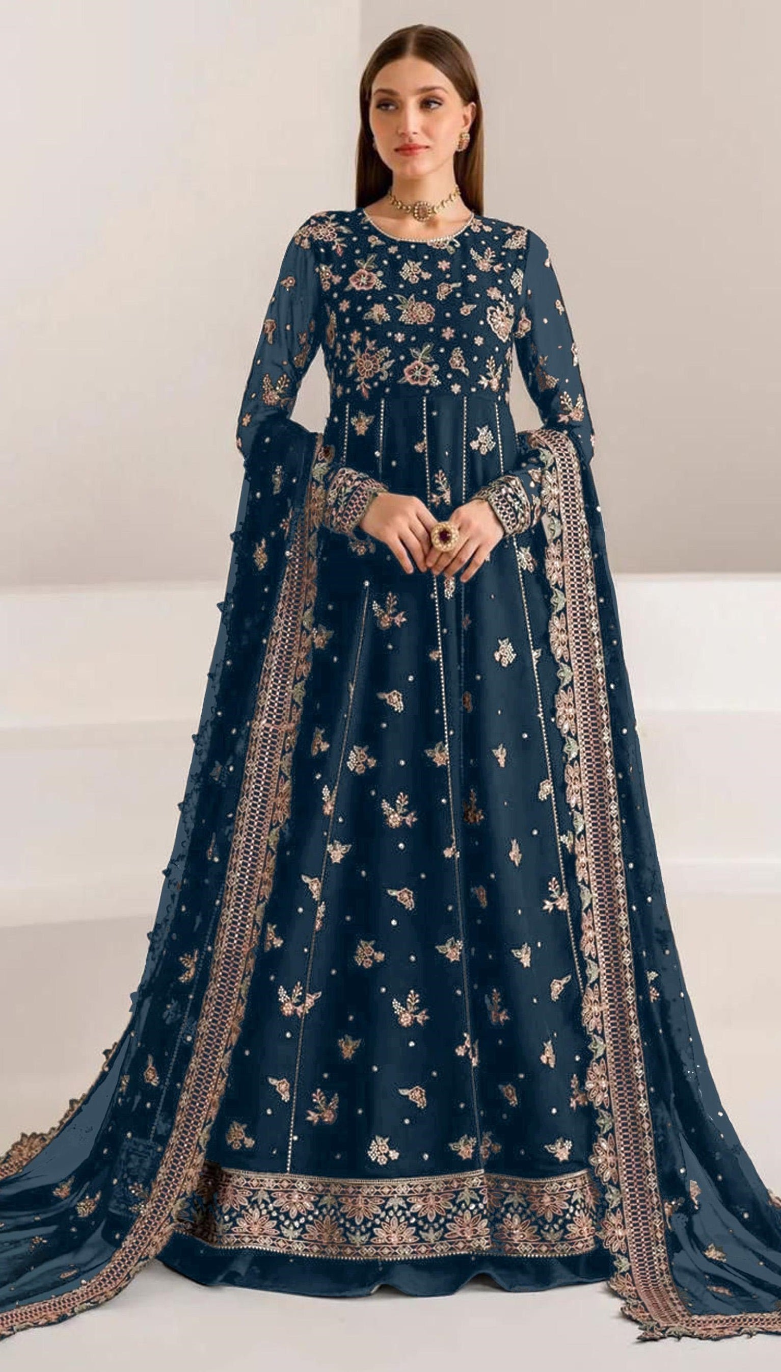 Anaita Navy Blue Faux Georgette Sequins Embroidered Salwar Suit - Distacart