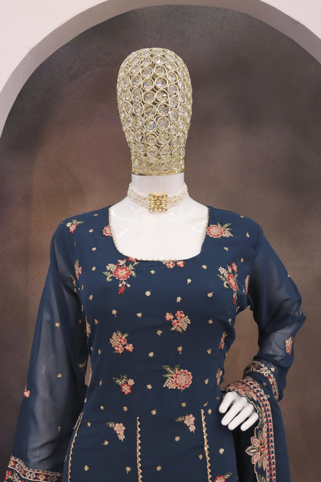 Anaita Navy Blue Faux Georgette Sequins Embroidered Salwar Suit - Distacart