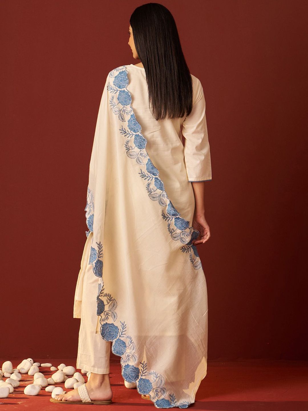 Indo Era Paisley Embroidered Thread Work Pure Cotton Kurta With Trousers And Dupatta - Distacart