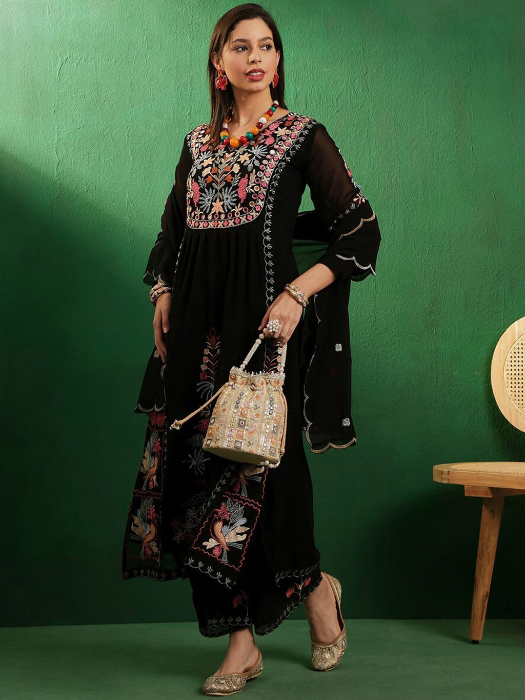 Sangria V Neck Floral Embroidered A Line Kurta with Palazzos & Dupatta - Distacart