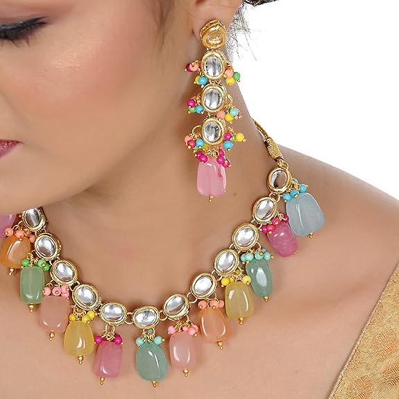 Tehzeeb Creations Back Meenakari Gold-Polished Multicolor Tika Earring Jewellery Set Uncut Kundan Big Faux Kundan Dibbi Kundan Choker Necklace Set