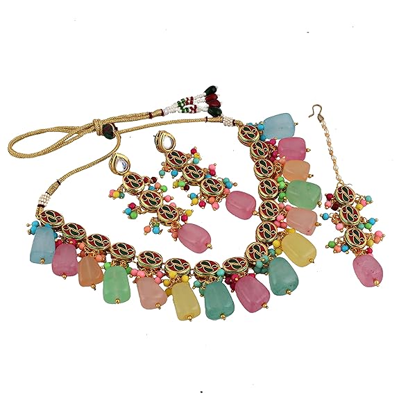Tehzeeb Creations Back Meenakari Gold-Polished Multicolor Tika Earring Jewellery Set Uncut Kundan Big Faux Kundan Dibbi Kundan Choker Necklace Set