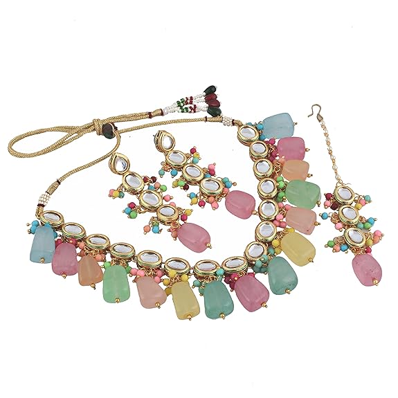 Tehzeeb Creations Back Meenakari Gold-Polished Multicolor Tika Earring Jewellery Set Uncut Kundan Big Faux Kundan Dibbi Kundan Choker Necklace Set