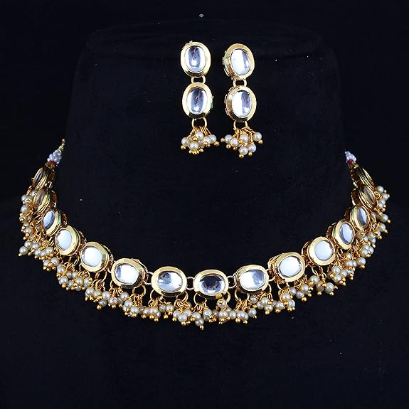 Tehzeeb Creations Back Meenakari Gold-Polished White Color Triangular Shape Earring Jewellery Set Uncut Kundan Big Faux Kundan Dibbi Kundan Choker Necklace Set