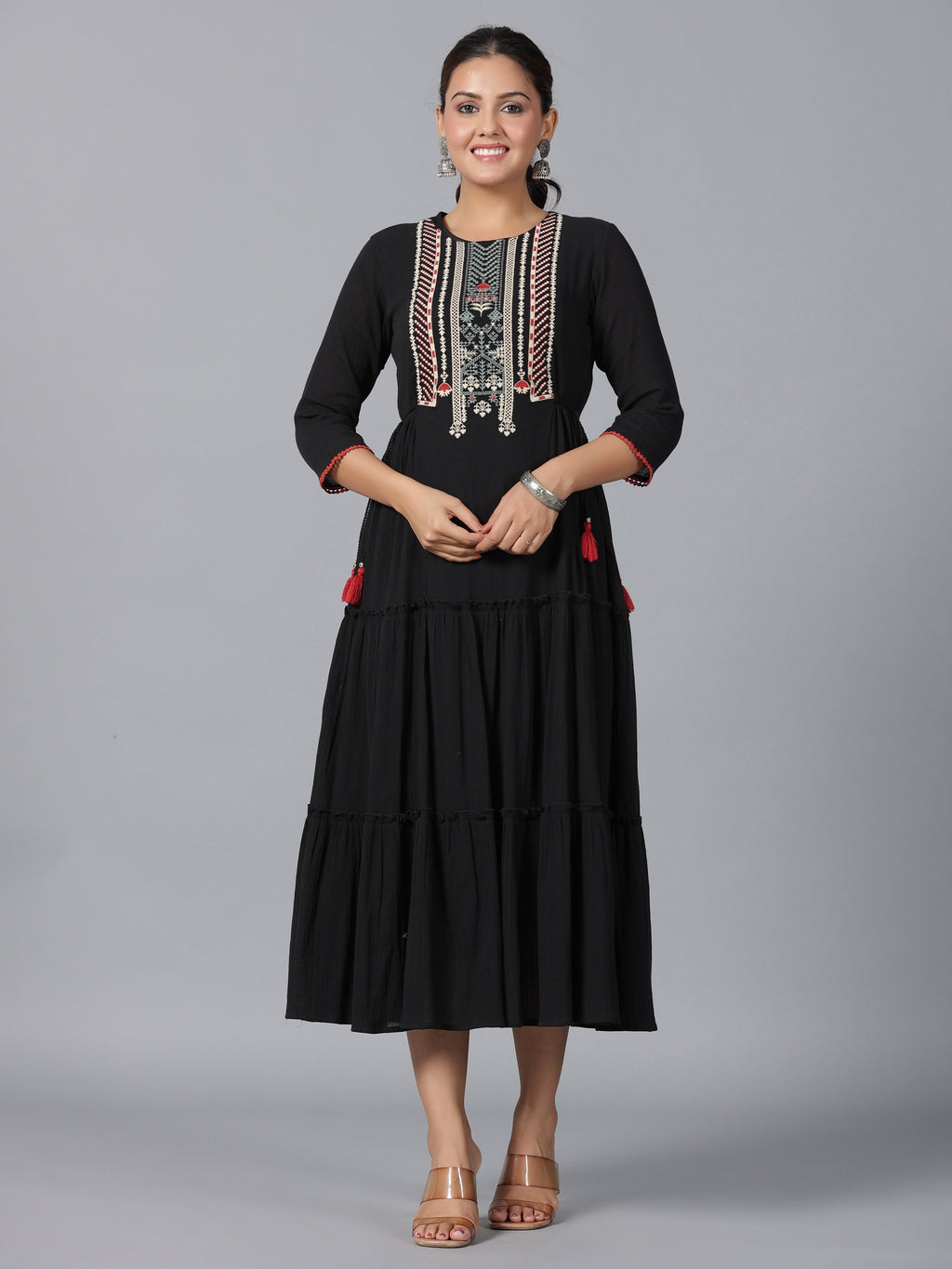 Juniper Women Black Cotton Crepe Embroidered Tiered Maxi Dress - Distacart
