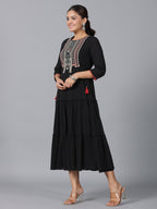 Juniper Women Black Cotton Crepe Embroidered Tiered Maxi Dress - Distacart