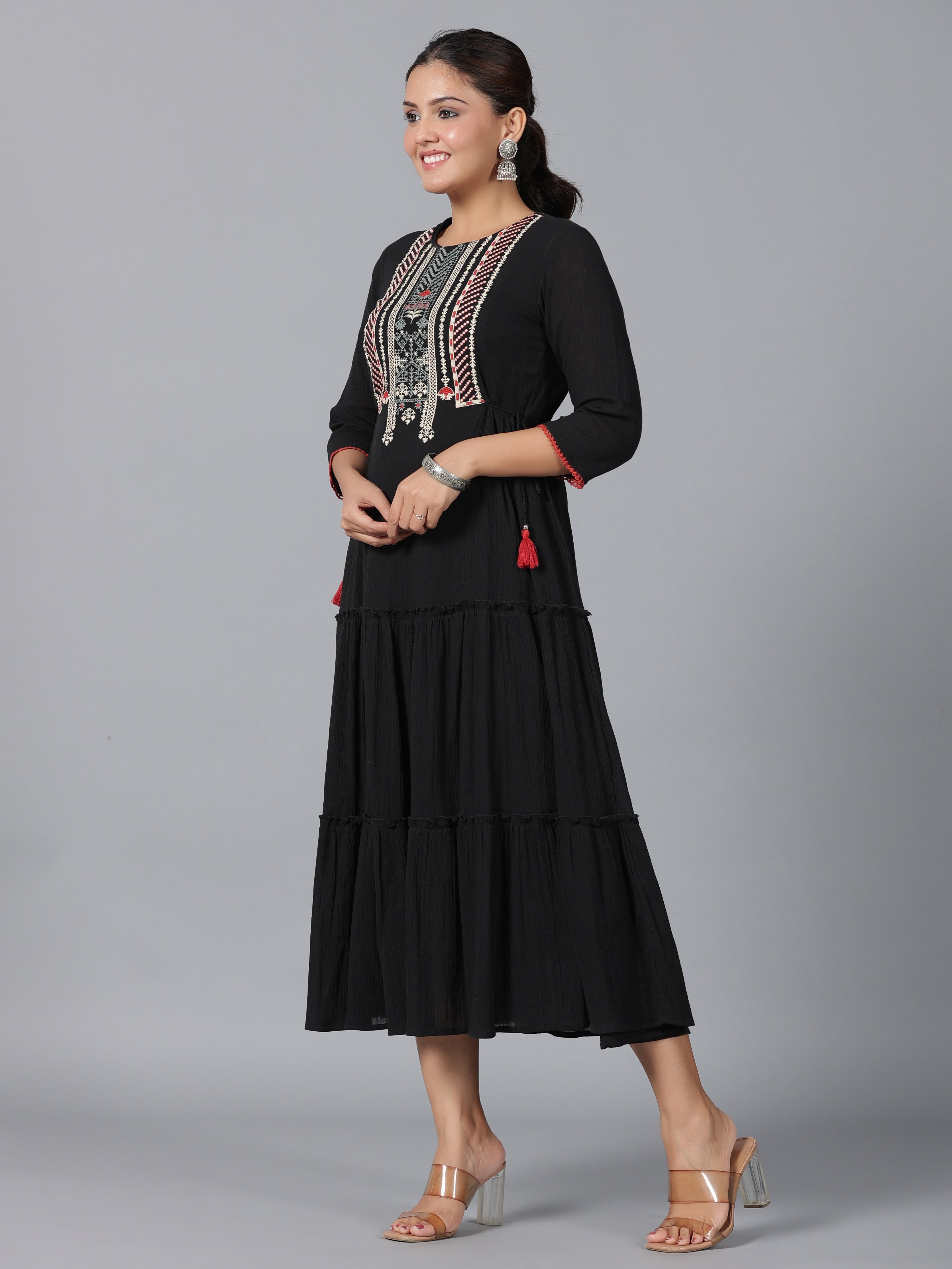 Juniper Women Black Cotton Crepe Embroidered Tiered Maxi Dress - Distacart