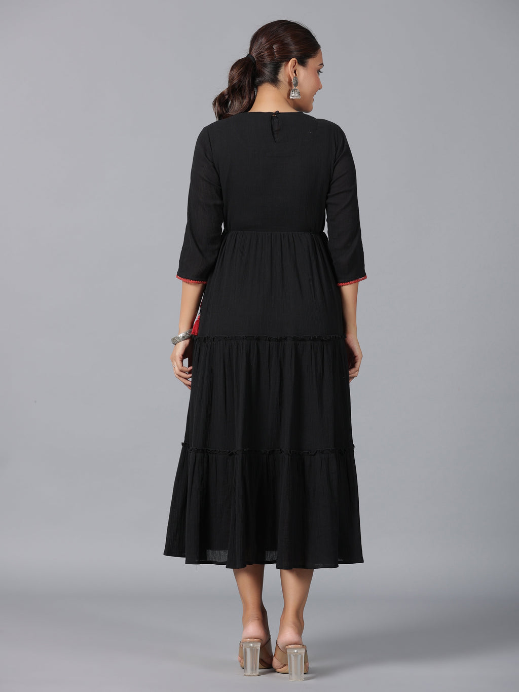 Juniper Women Black Cotton Crepe Embroidered Tiered Maxi Dress - Distacart