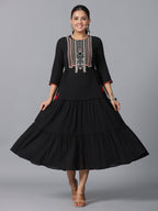 Juniper Women Black Cotton Crepe Embroidered Tiered Maxi Dress - Distacart