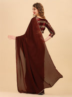 Sangria Coffee Brown & Golden Embroidered Satin Saree - Distacart