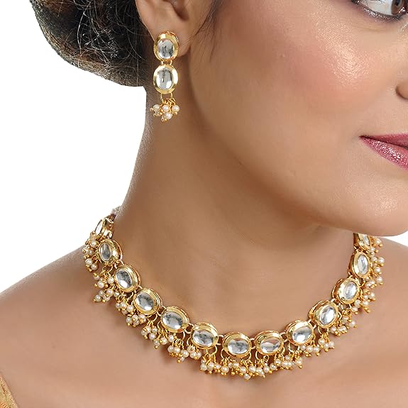 Tehzeeb Creations Back Meenakari Gold-Polished White Color Triangular Shape Earring Jewellery Set Uncut Kundan Big Faux Kundan Dibbi Kundan Choker Necklace Set