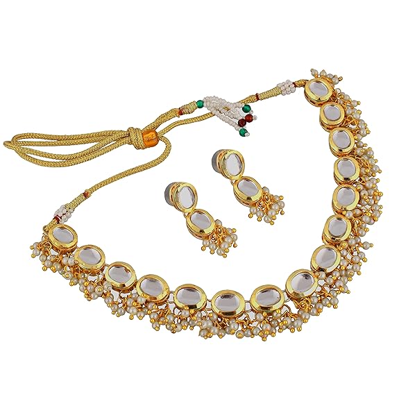 Tehzeeb Creations Back Meenakari Gold-Polished White Color Triangular Shape Earring Jewellery Set Uncut Kundan Big Faux Kundan Dibbi Kundan Choker Necklace Set