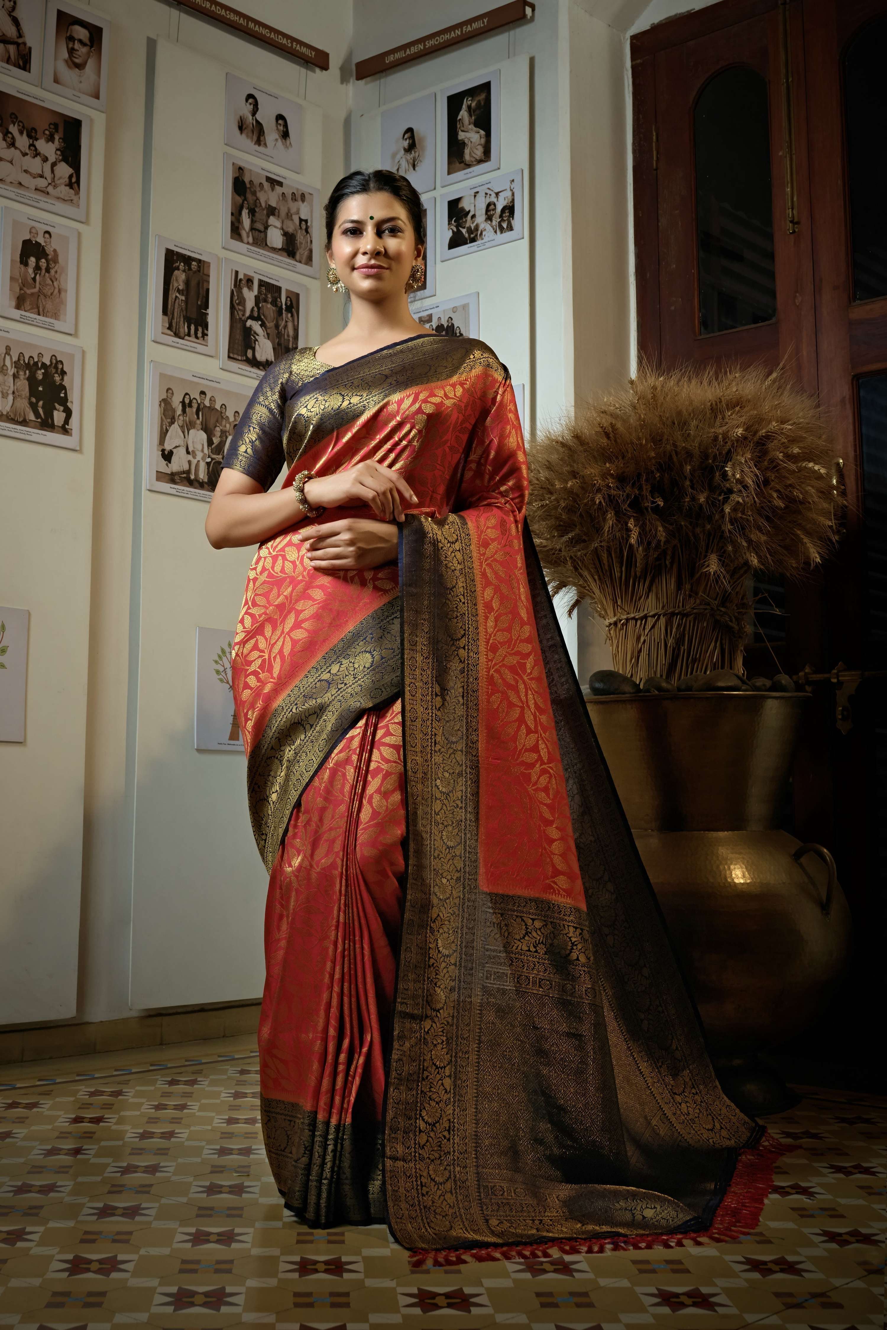 Vardha Beautiful Carmine Red Golden Zari Kanjeevaram Silk Saree