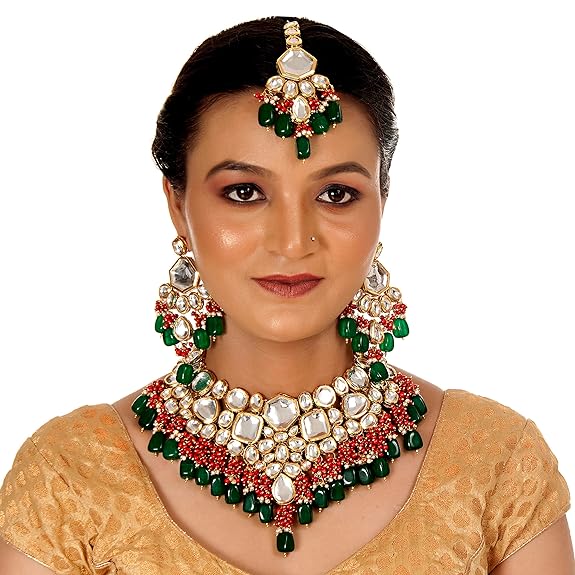 Tehzeeb Creations Meenakari Gold-Polished Multi color Uncut dibbi Kundan Combo Necklace Set