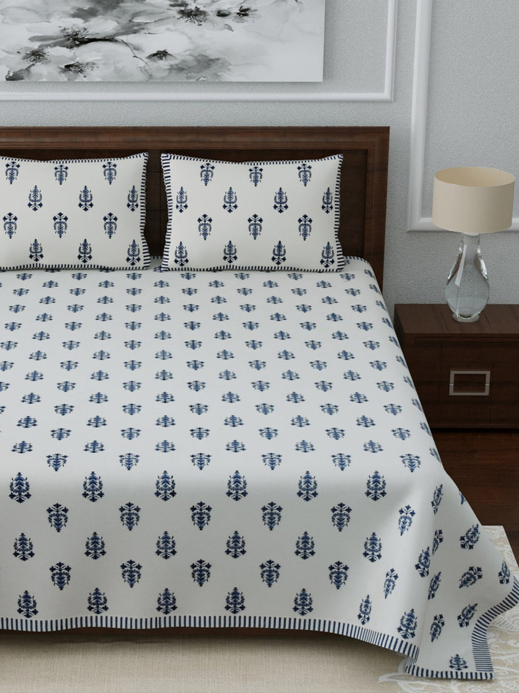 LIVING ROOTS White & Navy Blue Printed 210 TC Cotton 1 Extra Large Bedsheet with 2 Pillow Covers
