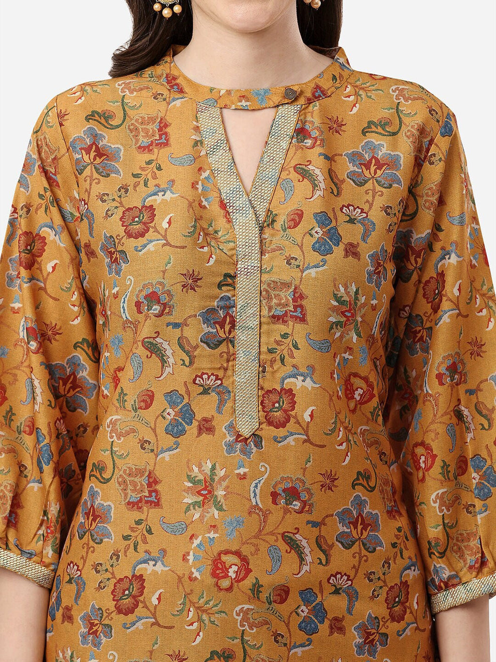 HERE&NOW Women Mustard Yellow Floral Printed Kurti with Trousers