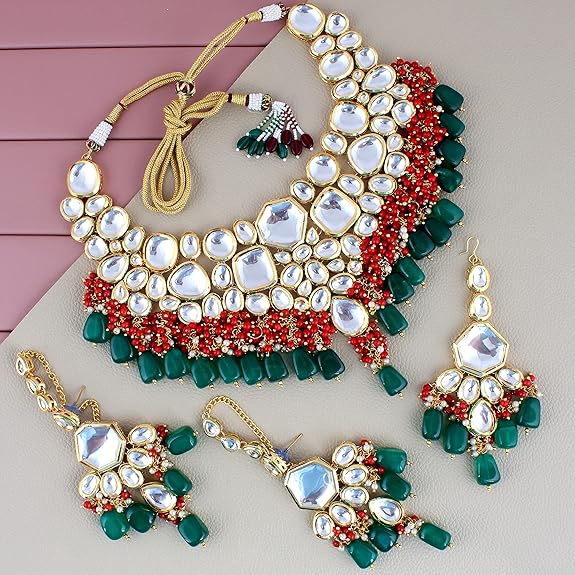 Tehzeeb Creations Meenakari Gold-Polished Multi color Uncut dibbi Kundan Combo Necklace Set
