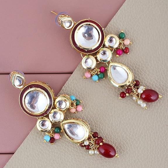 Tehzeeb Creations Back Meenakari Gold-Polished Tika Earring Combo Uncut Big Faux Kundan Choker Necklace set