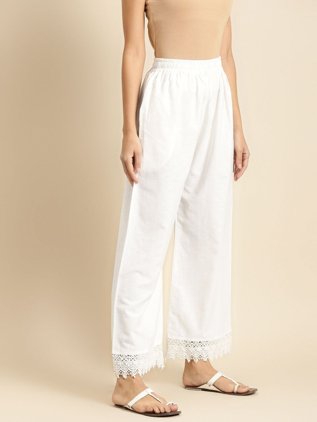 TAG 7 Women White Solid Hem Design Straight Palazzos