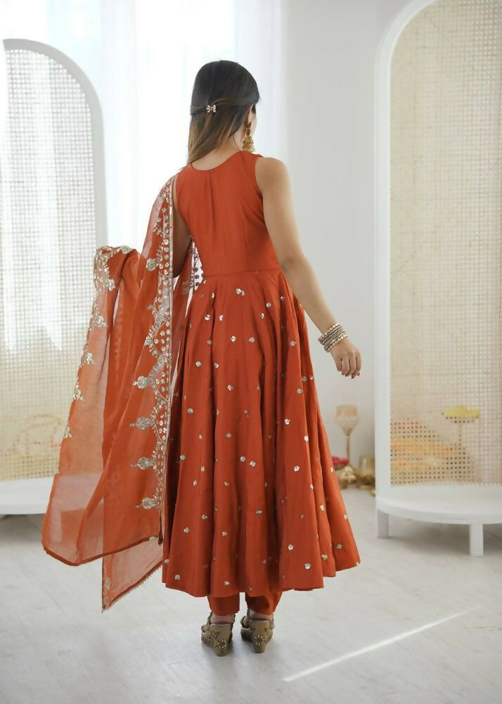 Teeya Creation Orange Color Roman Silk Embroidery Work Party Wear Gown - Distacart