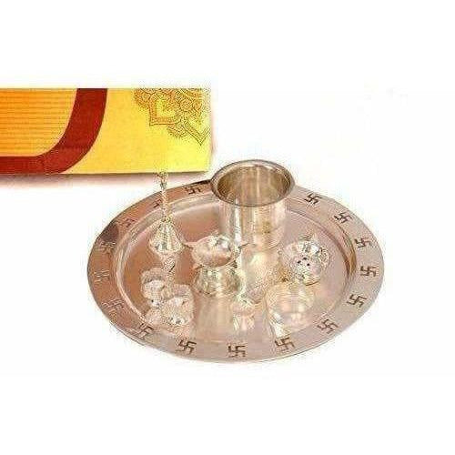 Silver Plated OM Pooja Thali 1 Set 8 Pcs