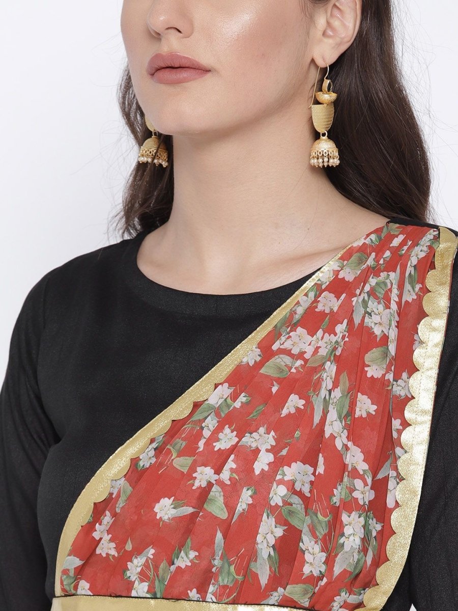 Ahalyaa Women's Black Poly Silk Kurta With Printed Dupatta