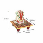 Marble Enamel Painted Ganesha Placed on Chowki (10.2 cm x 10.2 cm x 10.2 cm)