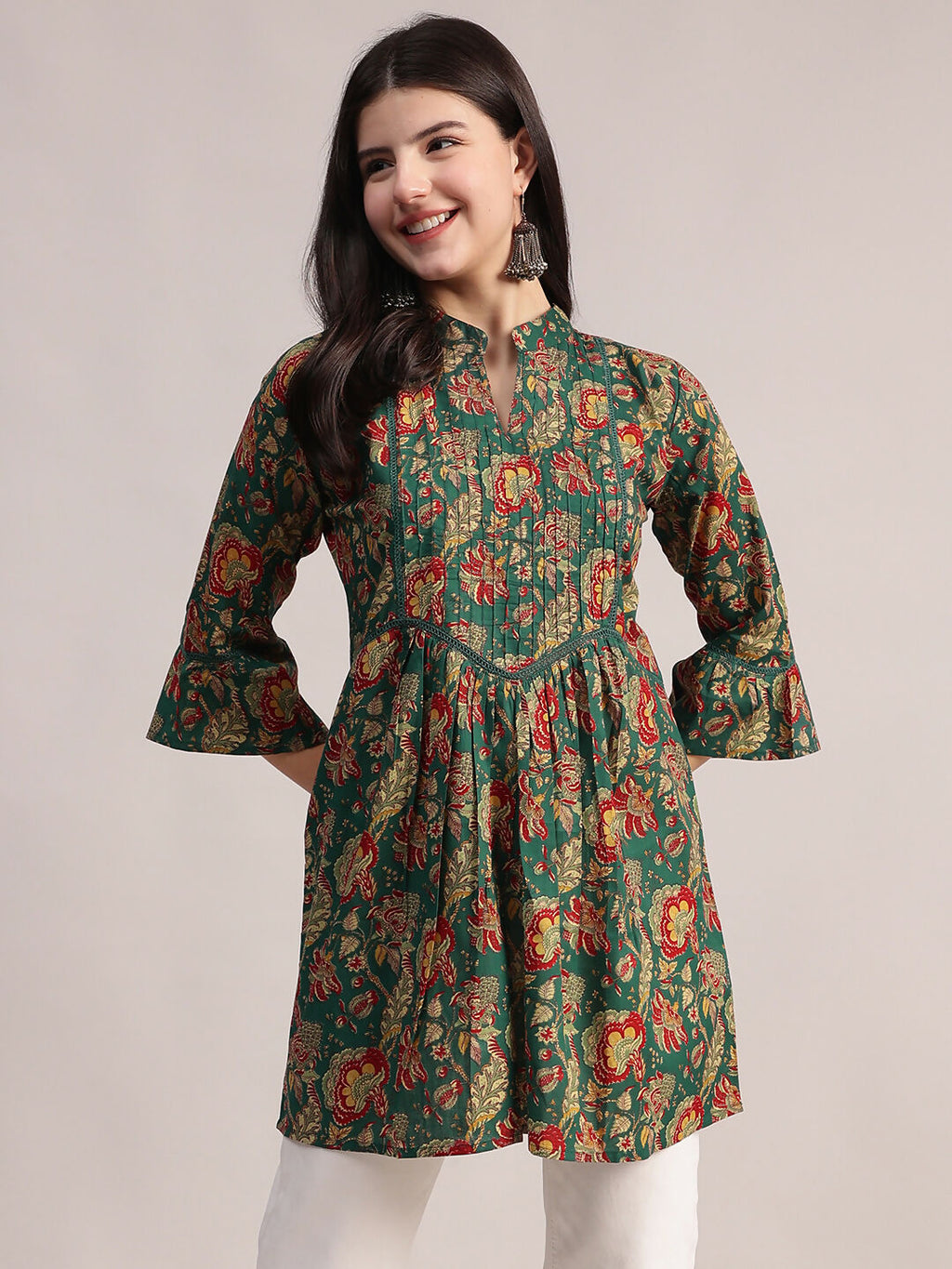 Aavyora Women's Ethnic Floral Printed Tunic - Green with Red & Gold Accents, Pin-Tucked Front, and Flared Hem
