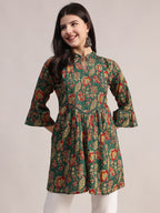 Aavyora Women's Ethnic Floral Printed Tunic - Green with Red & Gold Accents, Pin-Tucked Front, and Flared Hem