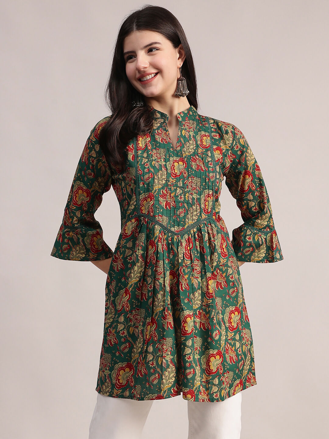 Aavyora Women's Ethnic Floral Printed Tunic - Green with Red & Gold Accents, Pin-Tucked Front, and Flared Hem