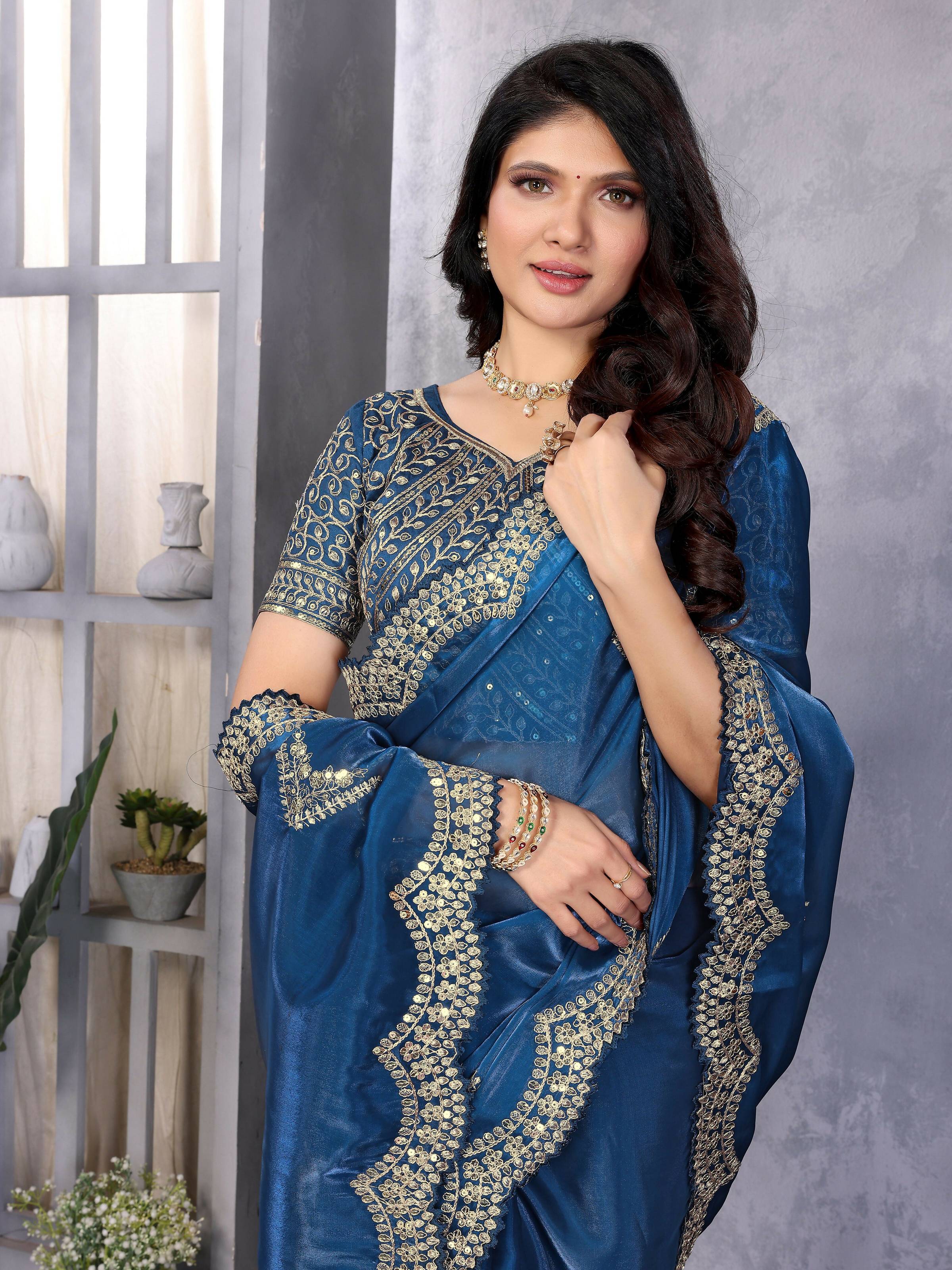 Vastranavya Blue Embroidery Work Shimmer Chiffon Saree with Unstitched Blouse - Distacart