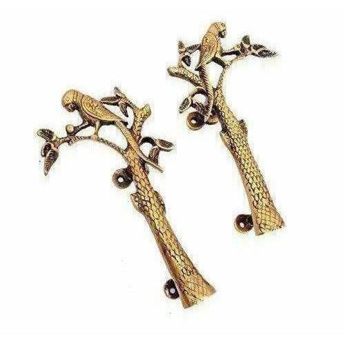 Parrot on Tree Design Brass Door Handle Pair