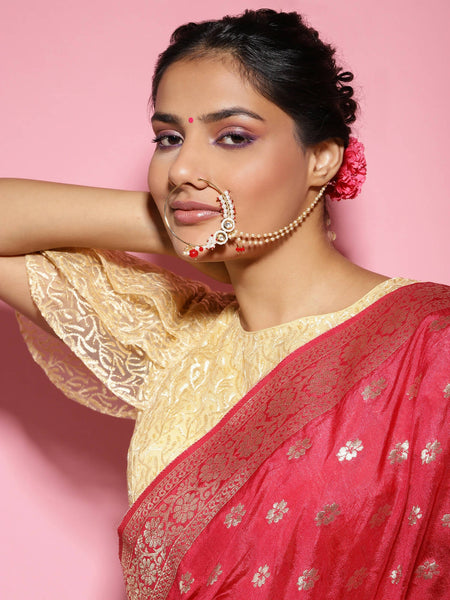 Gold-Polished White Red Kundan Studded Beaded Chained Nose Ring - Ruby Raang