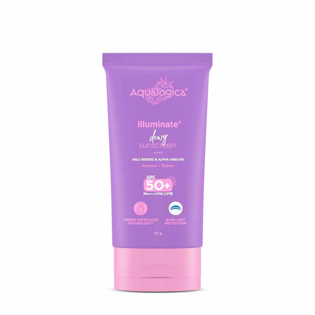Aqualogica Illuminate+ Dewy Sunscreen SPF 50+ PA++++ with Wild Berries & Alpha Arbutin, Protection Against Uva/B & Blue Light Protection - Distacart