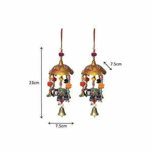 Handicrafts Paradise Umbrella with Elephant Painted and Metal Bell Paper Mache Door Hanging (7.65 cm x 7.65 cm x 22.95 cm, Set of 2)