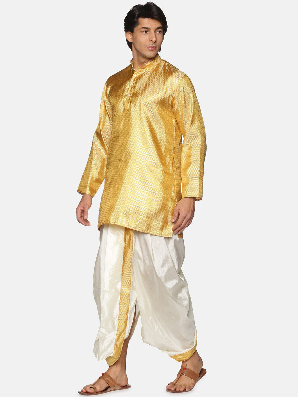 Sethukrishna Men Gold-Toned & White Kurta with Dhoti Pants - Distacart