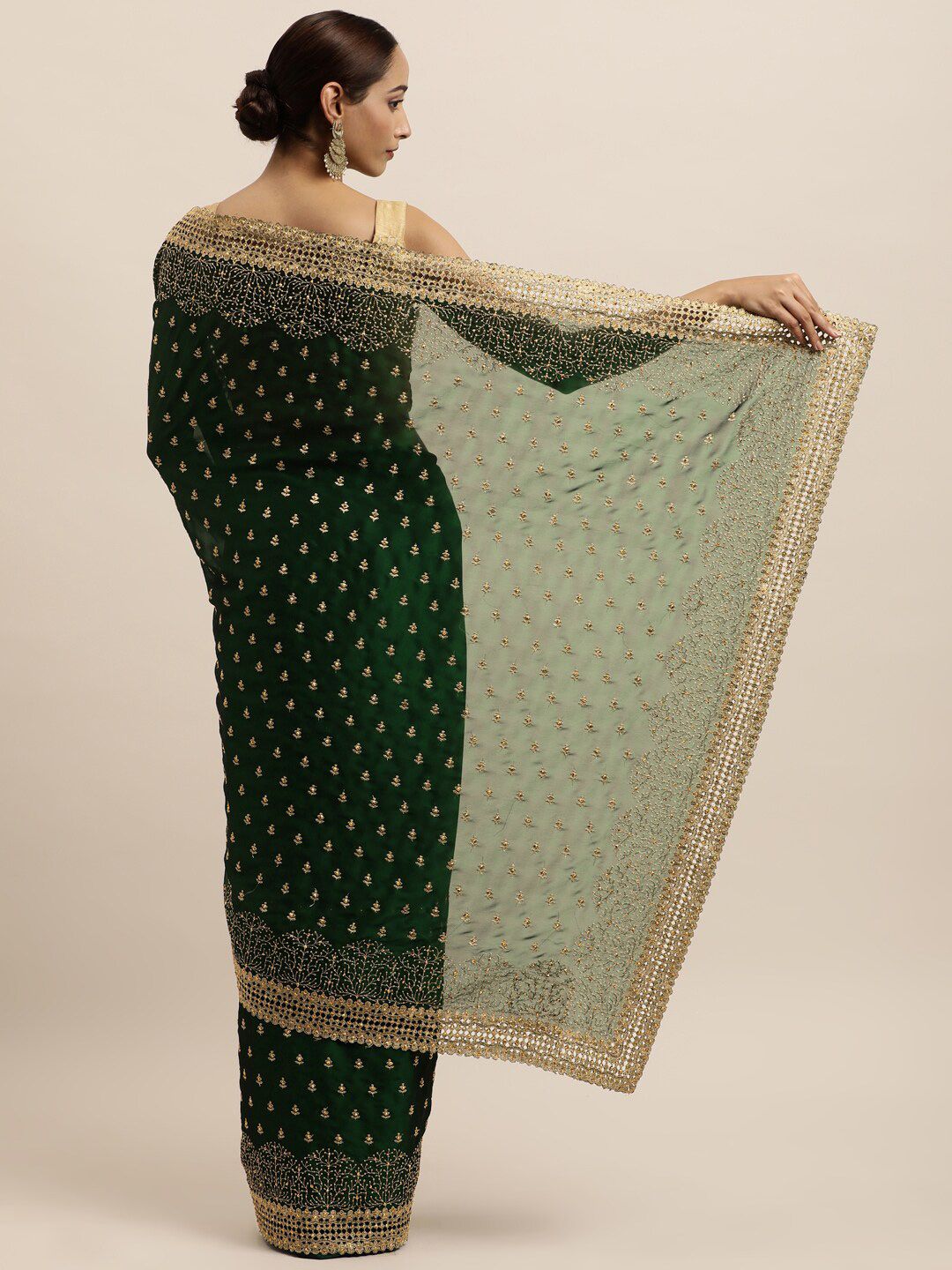 kasee Green & Gold-Toned Floral Embroidered Art Silk Saree