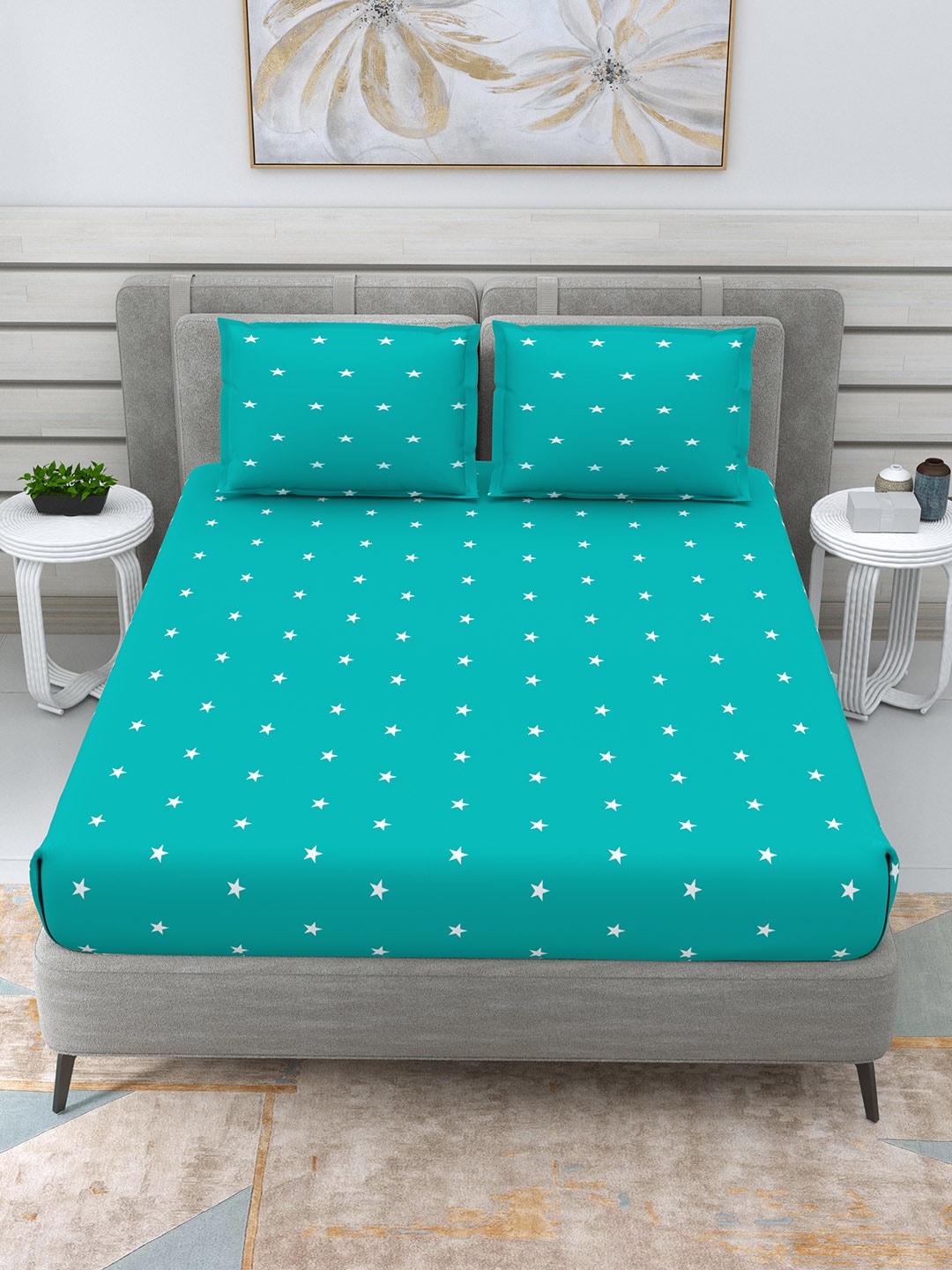 DREAM WEAVERZ Turquoise Blue & White 250 TC Pure Cotton King Bedsheet with 2 Pillow Covers