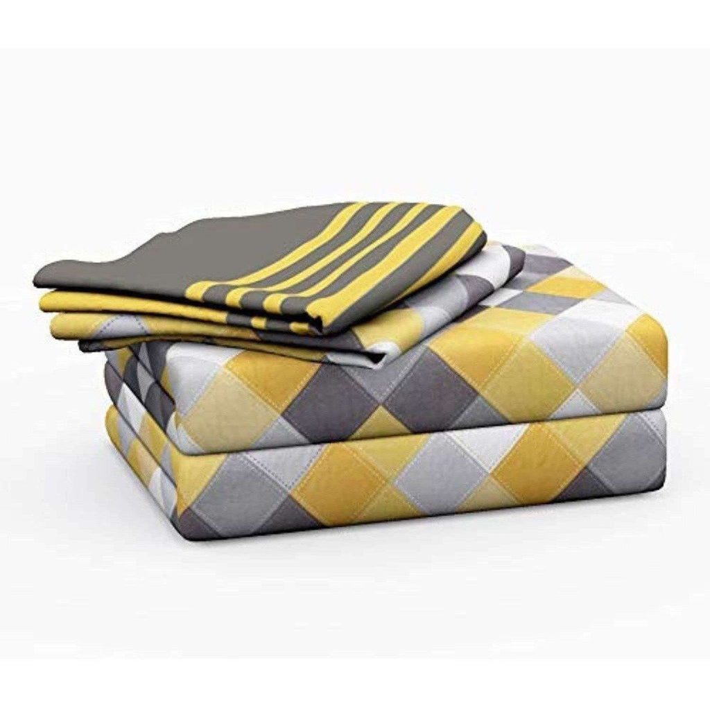 Cotton Double Bedsheet with 2 Pillow Covers - Yellow and Grey
