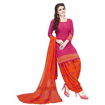Synthetic Pink & Orange Printed Unstitched Salwar Suits Dress Material with Dupatta
