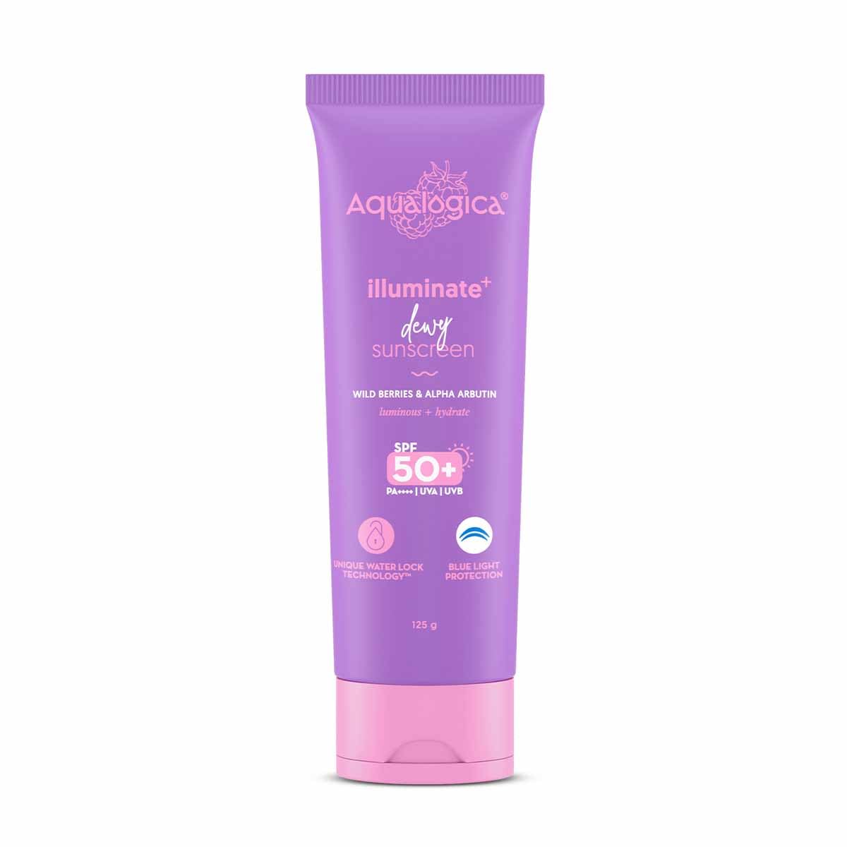 Aqualogica Illuminate+ Dewy Sunscreen SPF 50+ PA++++ with Wild Berries & Alpha Arbutin, Protection Against Uva/B & Blue Light Protection - Distacart