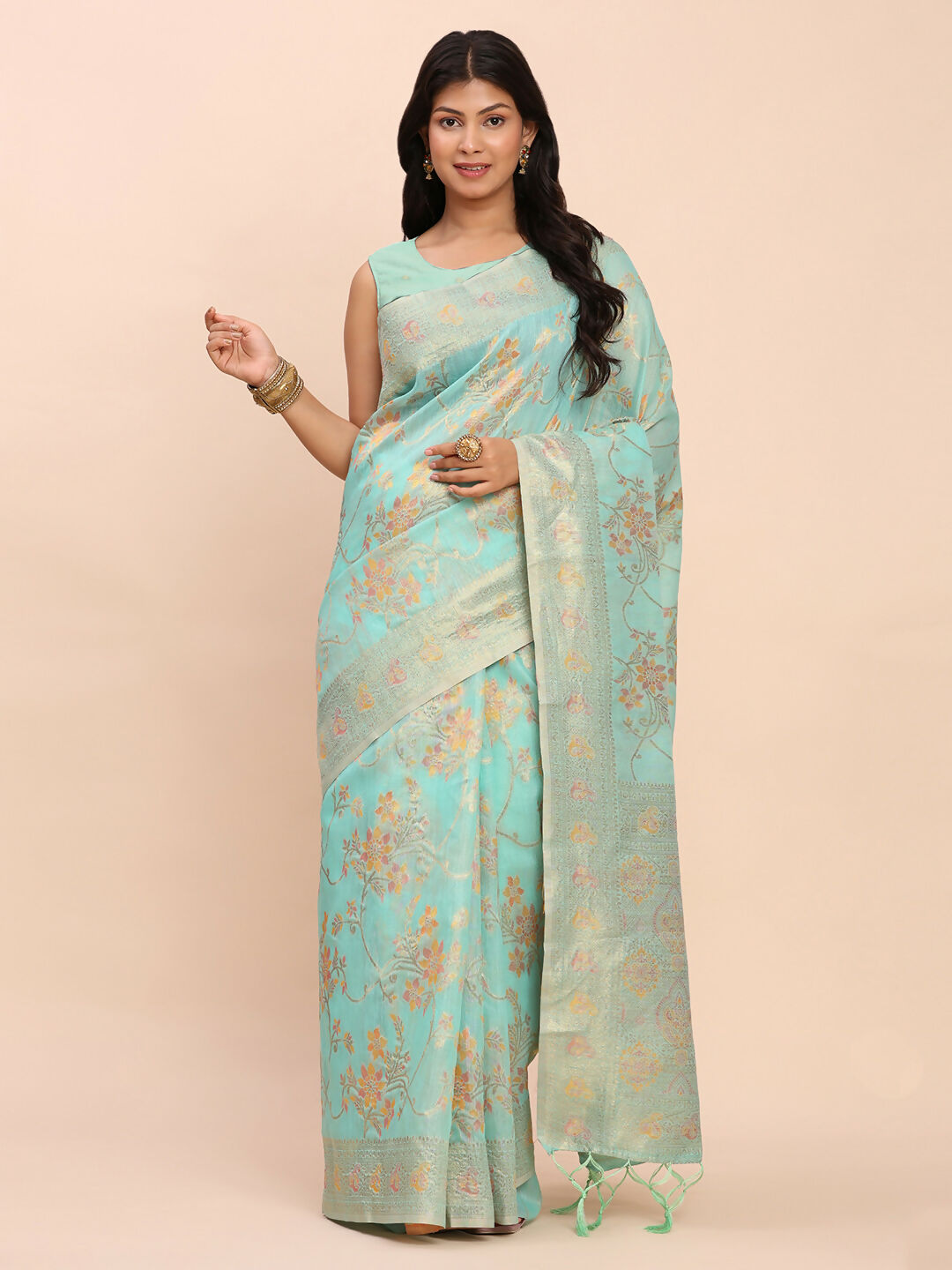 Shree Shyam Fashion Linen Cotton Sea Green Saree - Distacart