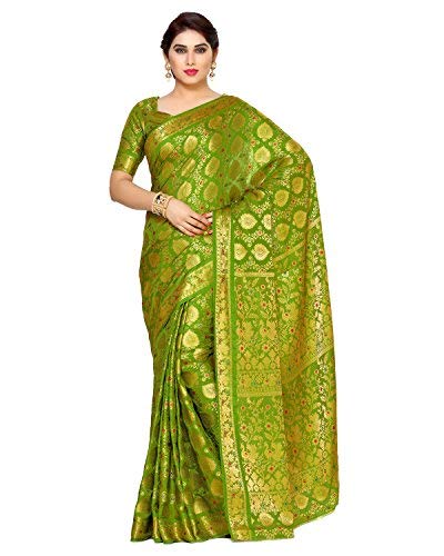 Mimosa Women's Olive Kanchipuram Silk Saree With Blouse Piece