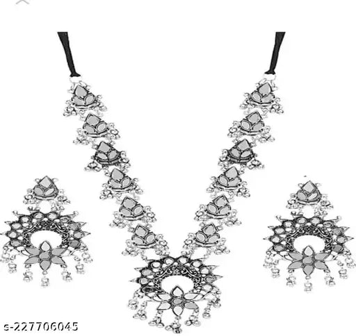 Tehzeeb Creations Women's Silver Colour Oxidised Necklace Set With Mirror Design