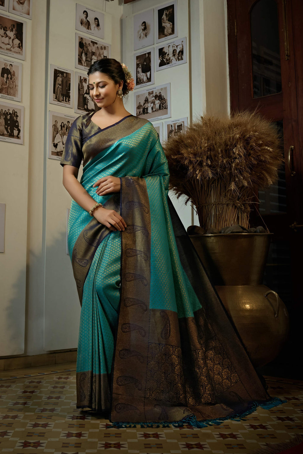 Vardha Turquoise Blue Golden Zari Kanjeevaram Silk Saree