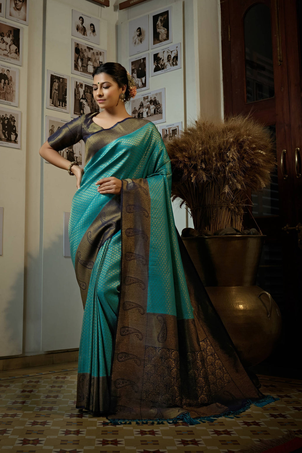 Vardha Turquoise Blue Golden Zari Kanjeevaram Silk Saree